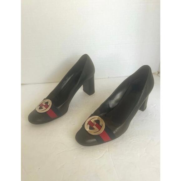 Gucci Dark Brown Calf Leather Gold GG Logo Block Heel Slip On Pumps Sz 7C - Picture 3 of 14